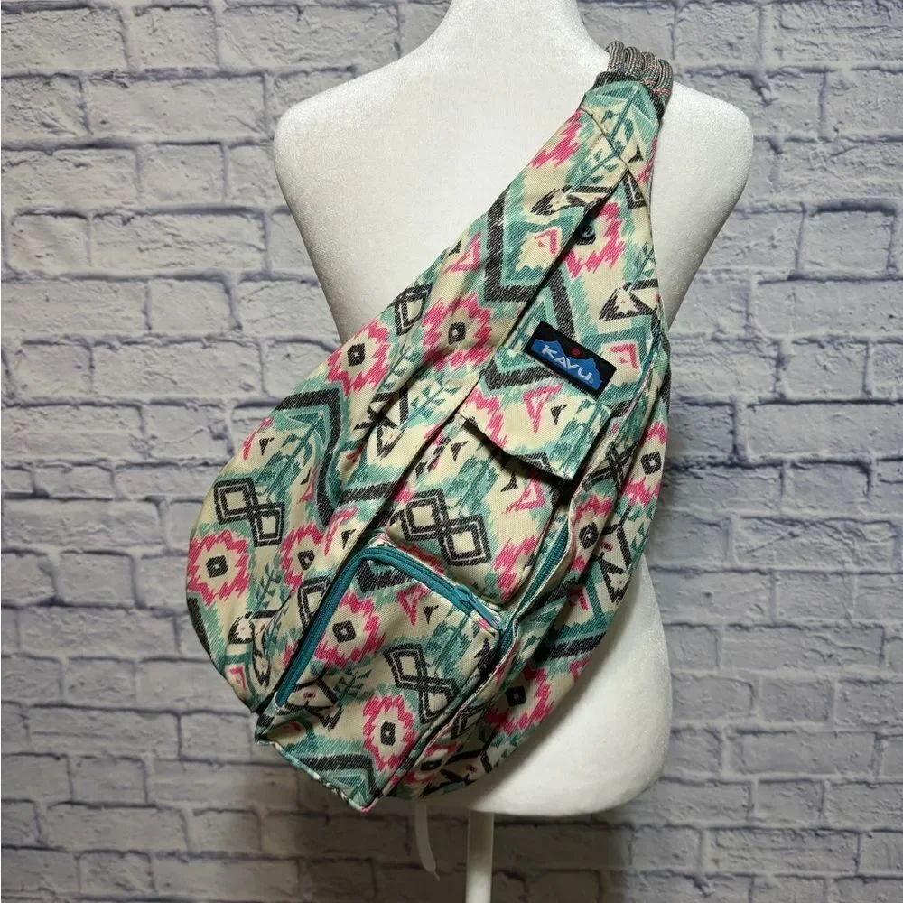 Kavu Rope Crossbody Sling Bag Aztec Southwestern Geometric Teal/Pink/Black